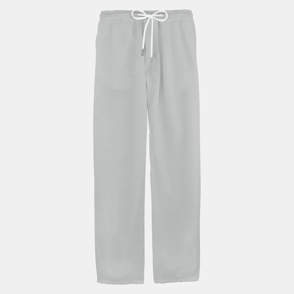 Summer Mens Casual Fashion Pants Natural Cotton Polyester Trousers White Elastic Waist Straight Pant 240703