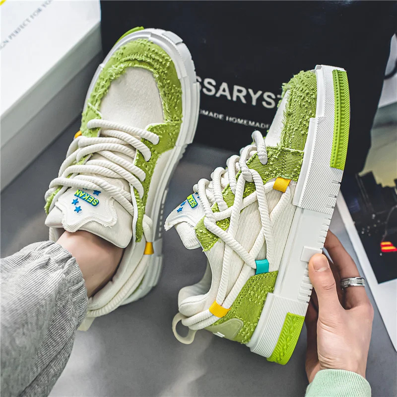 Fashion Green Platform Vulcanized Canvas Shoes Man Lace-up Skateboard Shoes Men Low Top Tennis Casual Sneakers Men 240704