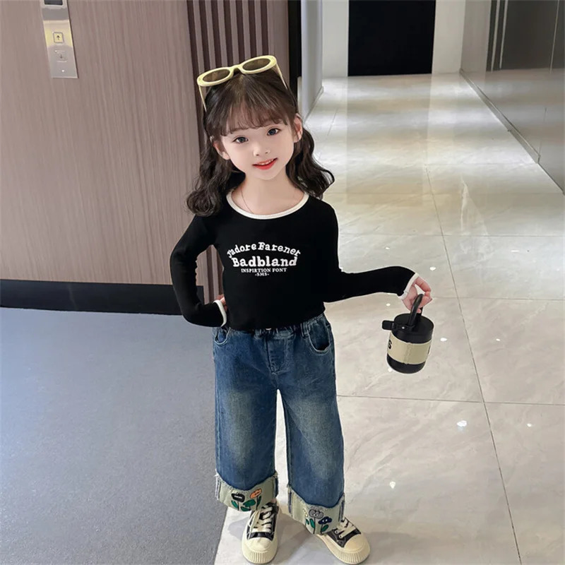 Girls Pants Long Trousers Cotton Flowers Spring Autumn Teenagers Babys Kids Pants High QualityTeenagers Childrens Clothin 240703
