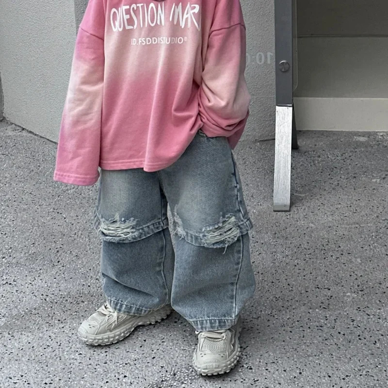 Autumn Kids pants vintage children patchwork ripped jeans Boys loose casual denim pants 240703