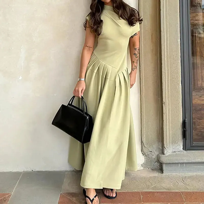Women Elegant Green Pleated Dress Short Sleeve High Waist O Neck Summer Party Maxi Patchwork Streetwear Evening Vestidos 240628
