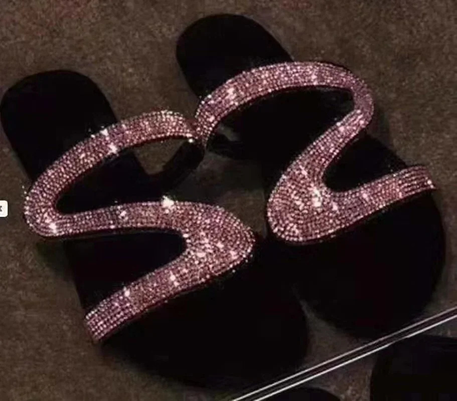 Sexy Women Summer Flat Slippers Rhinestone Shoe Open Toe Roman Beach Sandal ladies Flip Flops Black Non-slip Slides size 35-43 240704