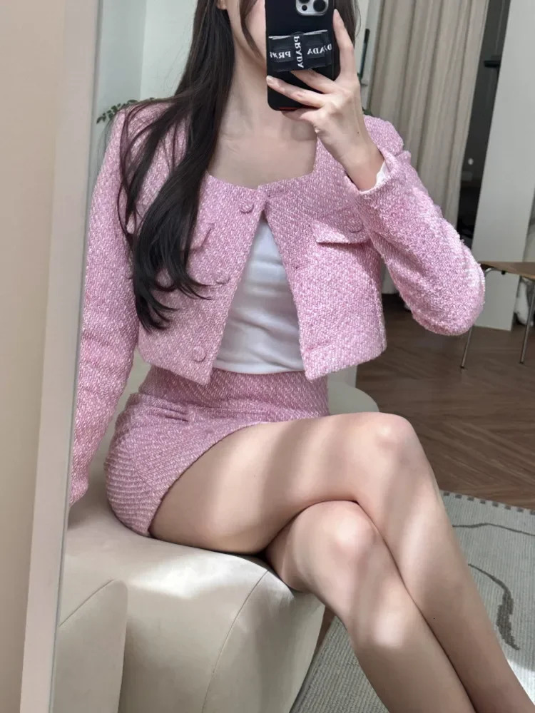 High Quality Tweed Two Piece Set Women Short Jacket Coat Skirt 2 piece set outfit conjuntos femininos elegantes 240702