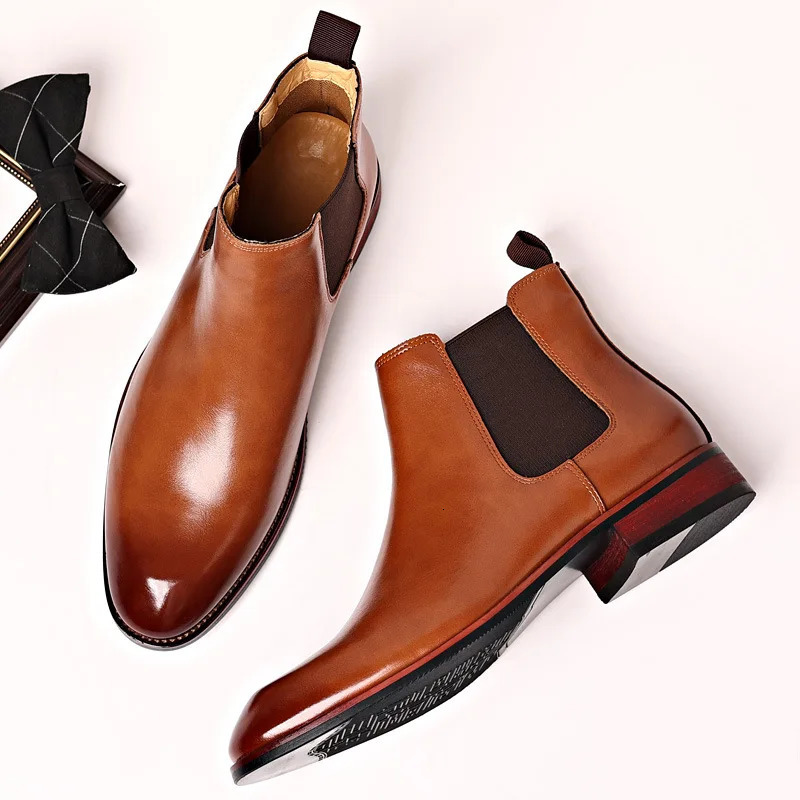 Mans Retro Boots Leather Classic Chelsea Boots Business Dress Men Fashion Short Ankle Boot Casual British Style High-Top Shoes 240703