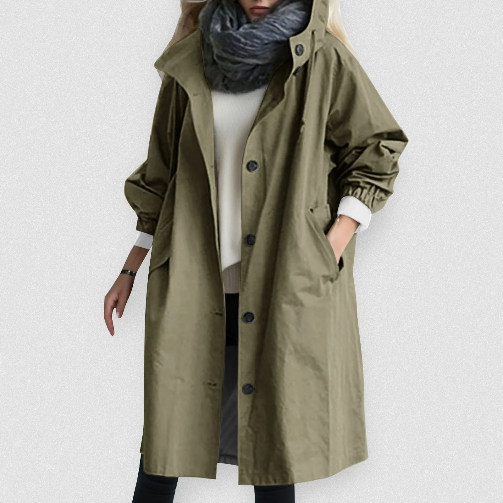 Women Fashion Trench Coat Spring Autumn Casual Hooded Medium Long Overcoat Loose Windproof Coat Korean Trendy Large Size 240703
