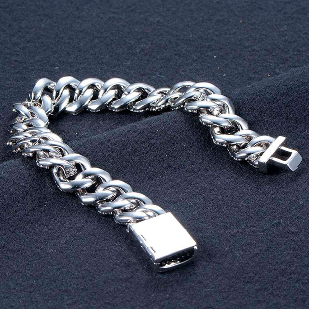 New Fashion Rhodium Plated 14mm Width 8inch Mens Cz Cuban Link Chain Charm Bracelet