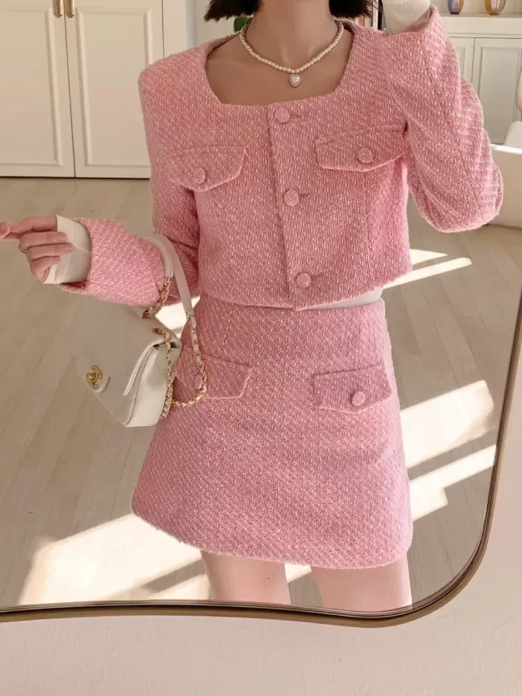 High Quality Tweed Two Piece Set Women Short Jacket Coat Skirt 2 piece set outfit conjuntos femininos elegantes 240702