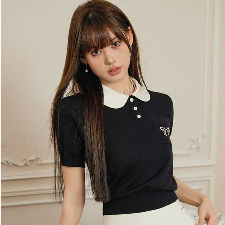 Summer Elegant Sweater Women Knit Pullover Tshirts Embroidery Short Sleeve Peter Pan Collar Fashion Stylish Tops Tees 240627