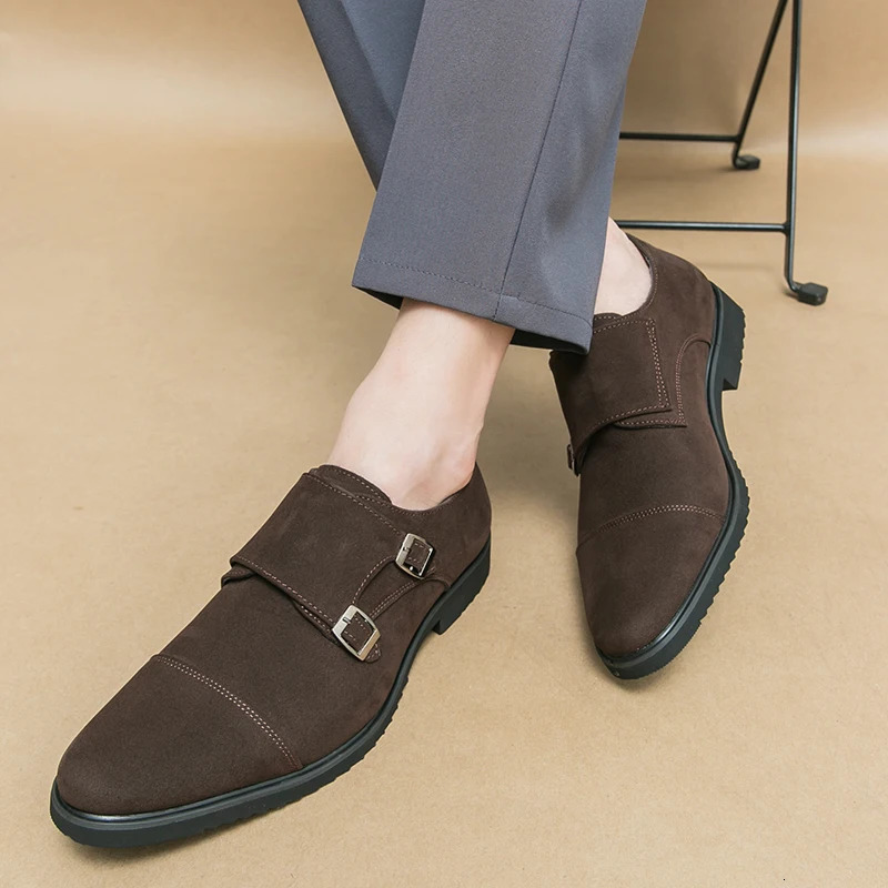 Brown Loafers Flock Double Buckle Monk Shoes Black Square Toe Slip-On Business Men Dress Shoes Size 38-46 240703