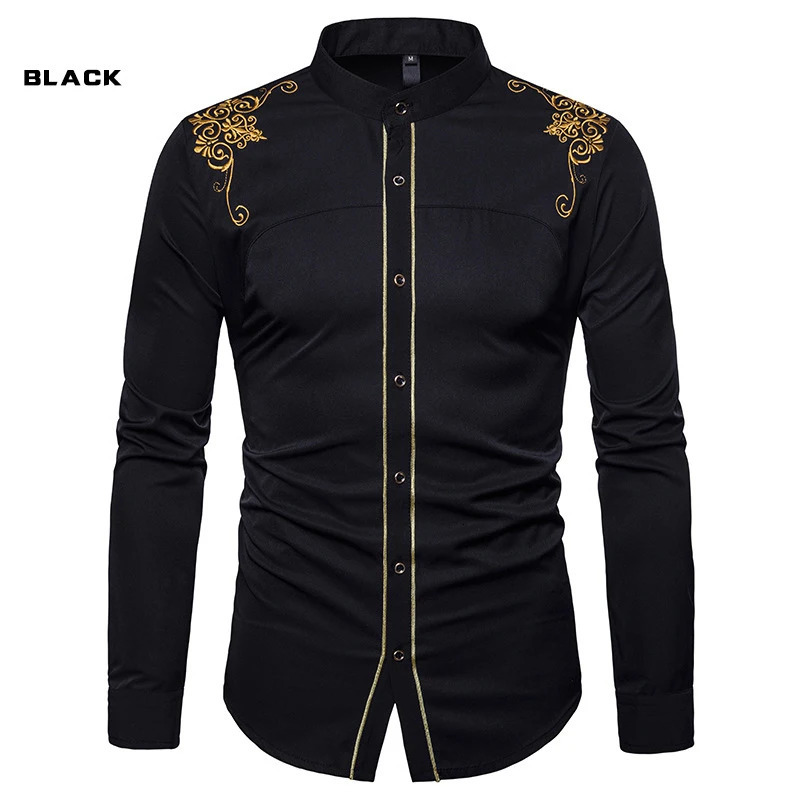 Spring Fashion Mens Long Sleeve Shirt Men European and American Embroidered Shirts Male Casual Social Wedding Party 240615