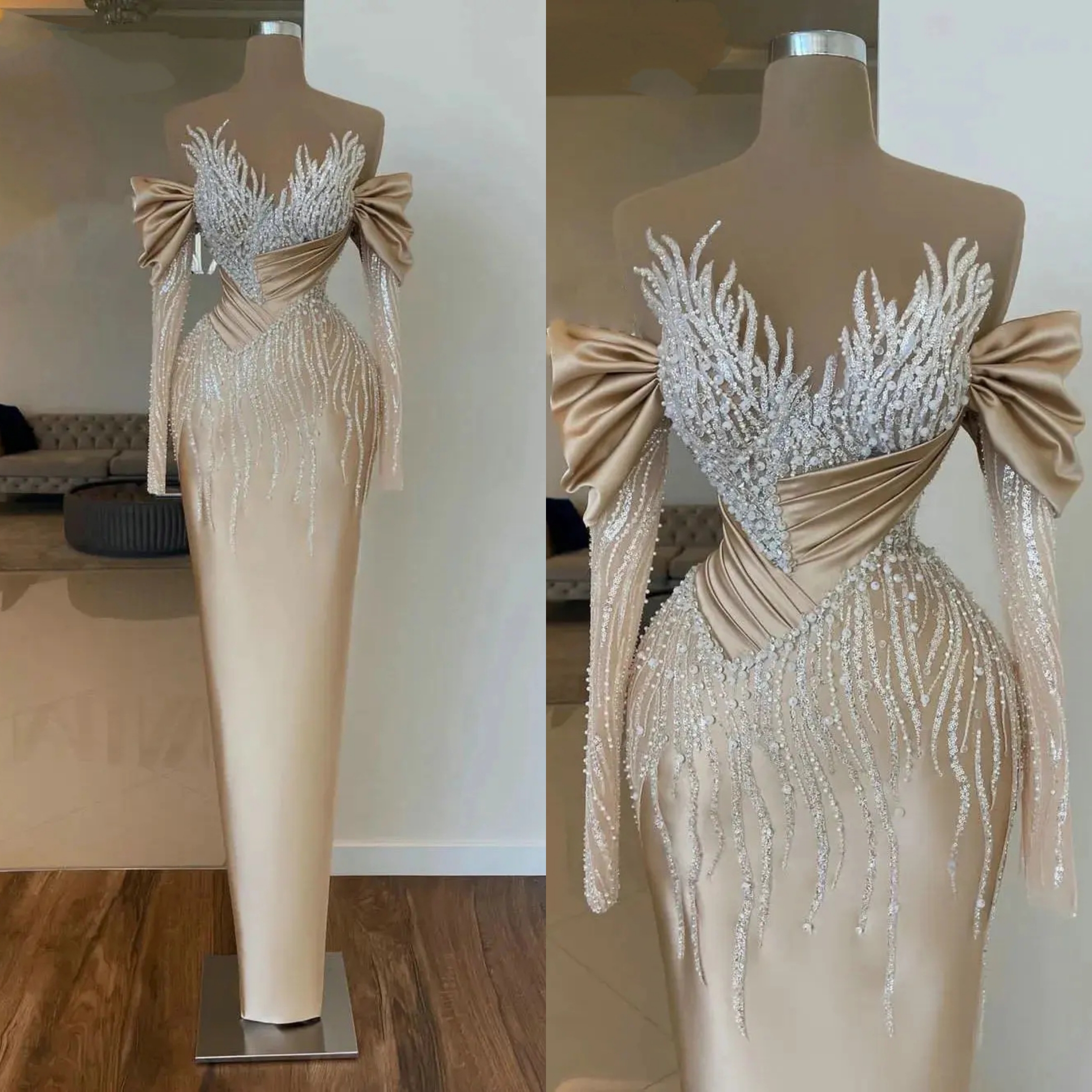 Luxury Evening Dresses For Women Sheer Neck Off Shoulder Sleeves Gown Sequins Beads Dress Party Prom Custom Made