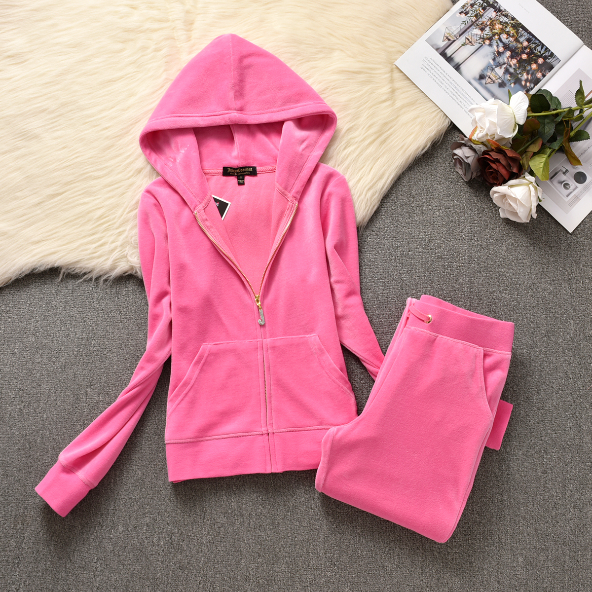 2024 Women's Outfit Juicy Coture Woman Velvet Ladies Crystal Decoration Hoodie Casual Tracksuit Women Two Piece Set C260312