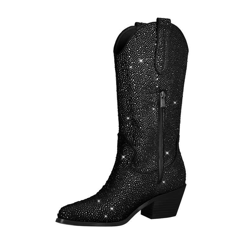 Onlymaker Women Knee High Boots Rhinestone Glitter Bling Western Pointed Toe Block Heel Pull-On Cowgirl Booties