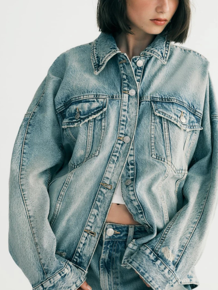 ZBZA Fall Womens Oversized Denim Jacket Wide Leg Jeans Suit Lapel Long Sleeves Coat Lowrise Ripped 240702