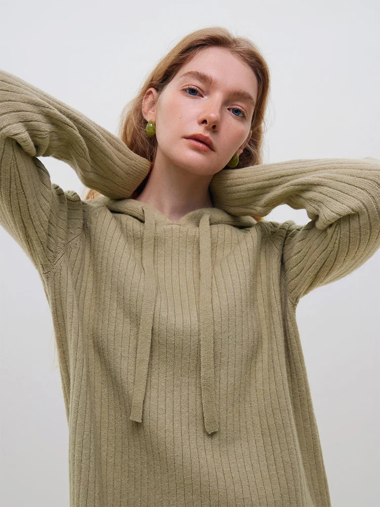 FSLE Retro Casual Hooded Woolen Dress Womens Autumn/Winter Knitted Dress Brown Green High Waist Women Dress 240703