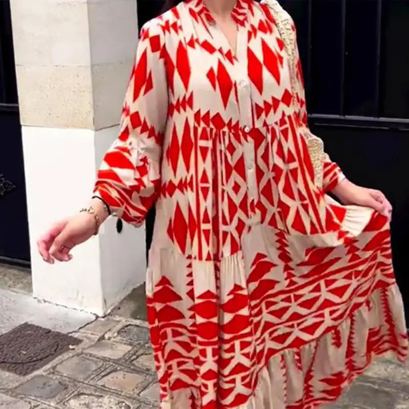 Boho Summer Maxi Dress Women Vintage Buttons Long Sleeve Elegant Holiday Beach Loose Dresses Female Casual Vestidos 240627