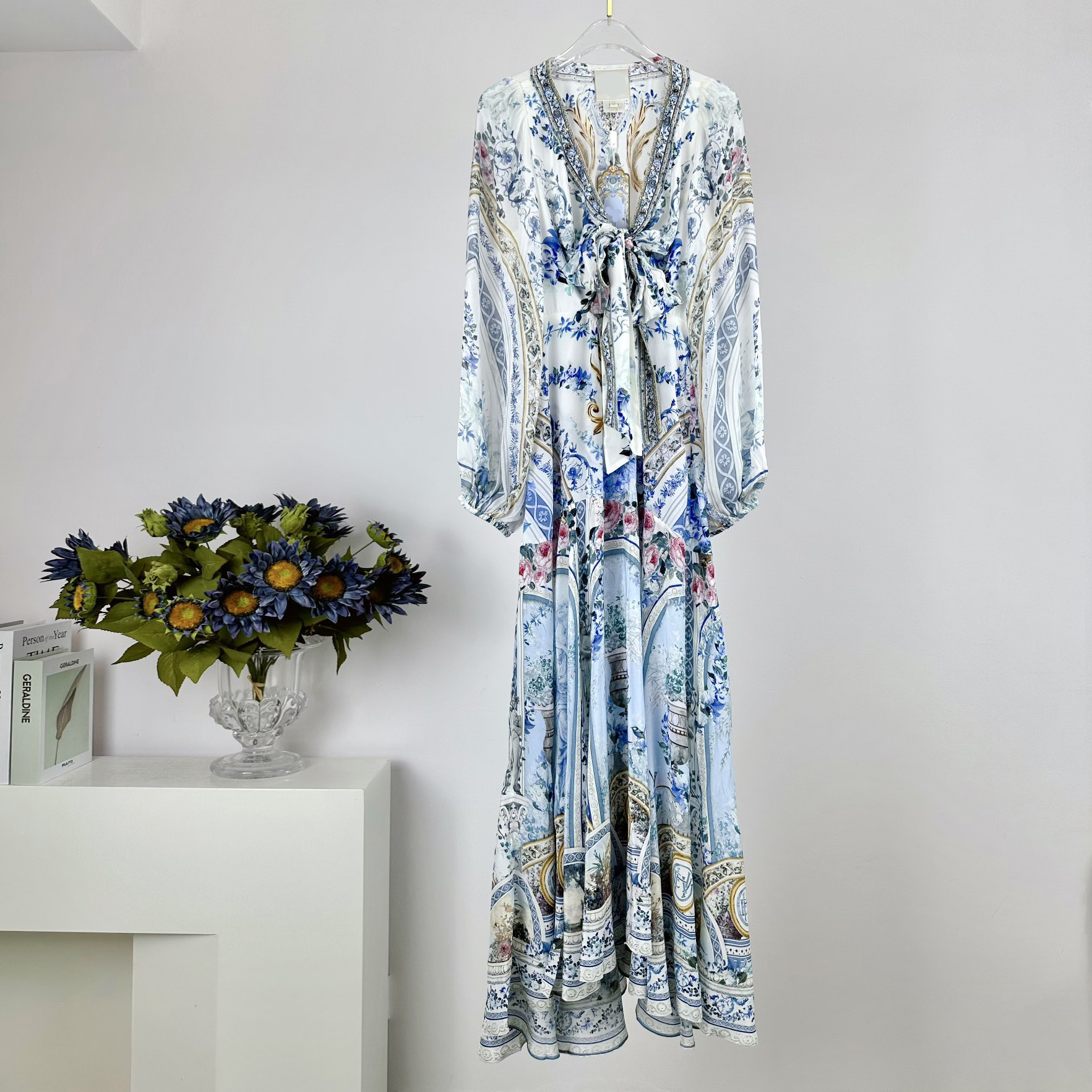 womens dress silk light blue floral printed lantern sleeved V-neck long dress