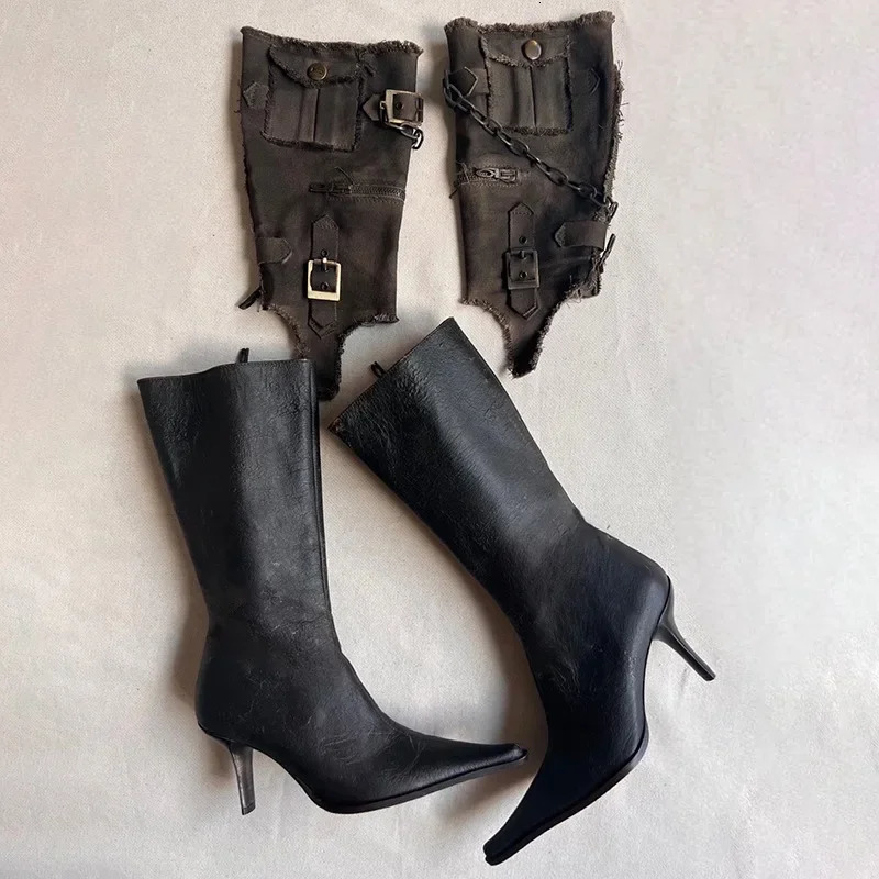 Vintage Pointed Belt Buckle Western Cowboy Boot Womens Fashion Metal Chain Detachable Two Wear Tooling Womens Boots 35-39 240703