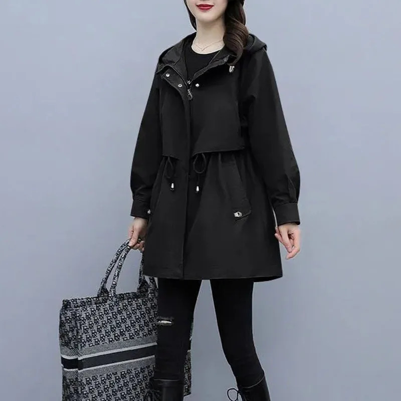 Women Autumn Hooded Trench Coat Fashion Drawcord Loose Pocket Solid Jacket Korean Office Lady Mid Length Casual Outerwear 240703