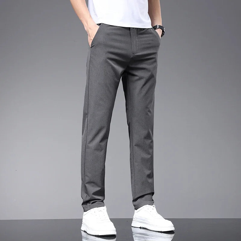 Mens Slim Casual Pants Summer Thin Elastic Waist Business Straight Trousers Solid Color Soft Breathable Black Beige Gray 240701