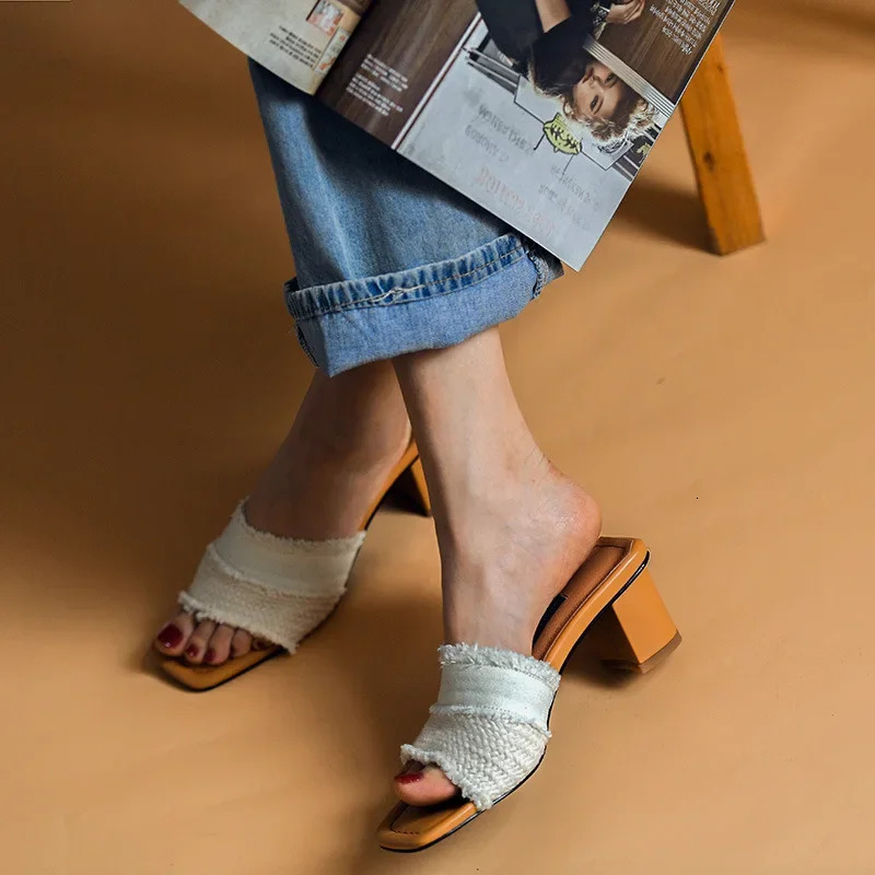 Women Open Toe High Heel Slippers Retro Chunky Heel Platform Slides Summer Breathe Comfort Sandals zapatillas 240704