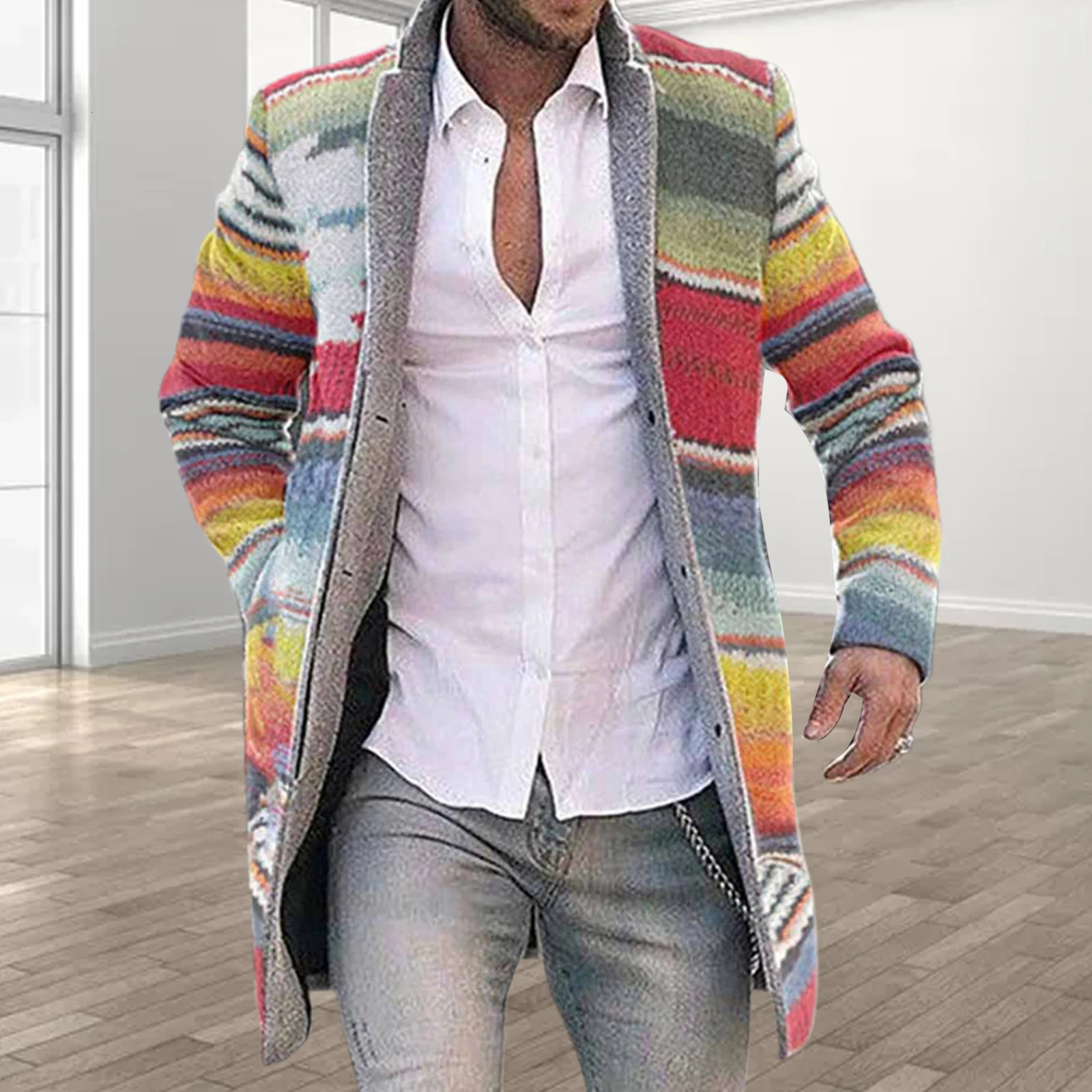 Men Autumn Winter Open Front Trench Coat Vintage Long Sleeve Rainbow Stripes Casual Overcoat Plus Size 4XL Windbreaker NICE 240701