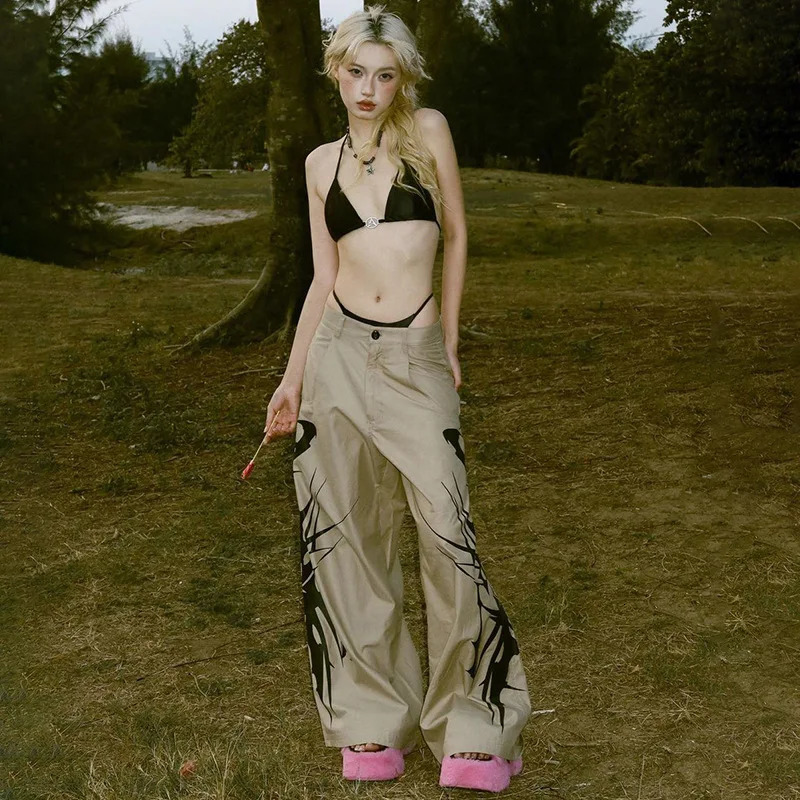 Vintage Ink Print Y2k Punk Baggy Cargo Pants Cyber Gothic High Waist Wide Leg Trousers Grunge Streetwear Casual Bottom 240702
