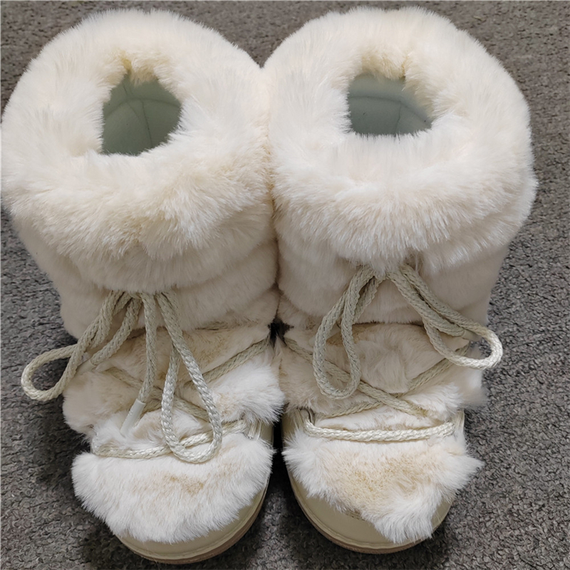 2024 Winter Long Women Rabbit Snow Brand Platform Lace-Up Fluffy Furry Fur Ski Female Warm Cotton Boots