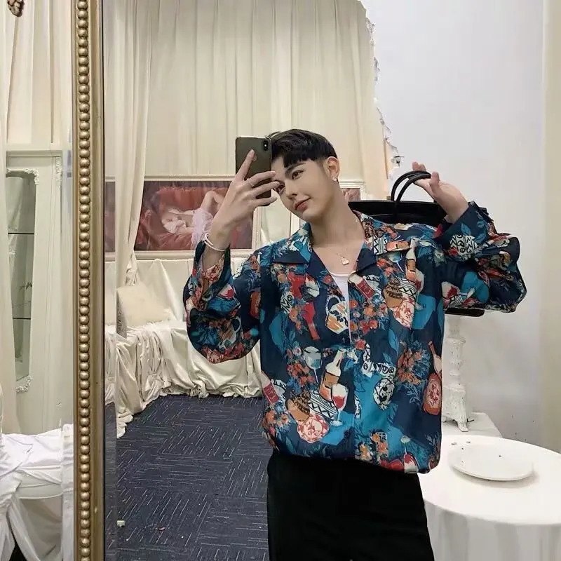 M-XXXL Unique Distinct Men Graffiti Print Blouse Male Vintage Travel Streetwear Tops Shirts Banquet Dinner Date Shirts 240615