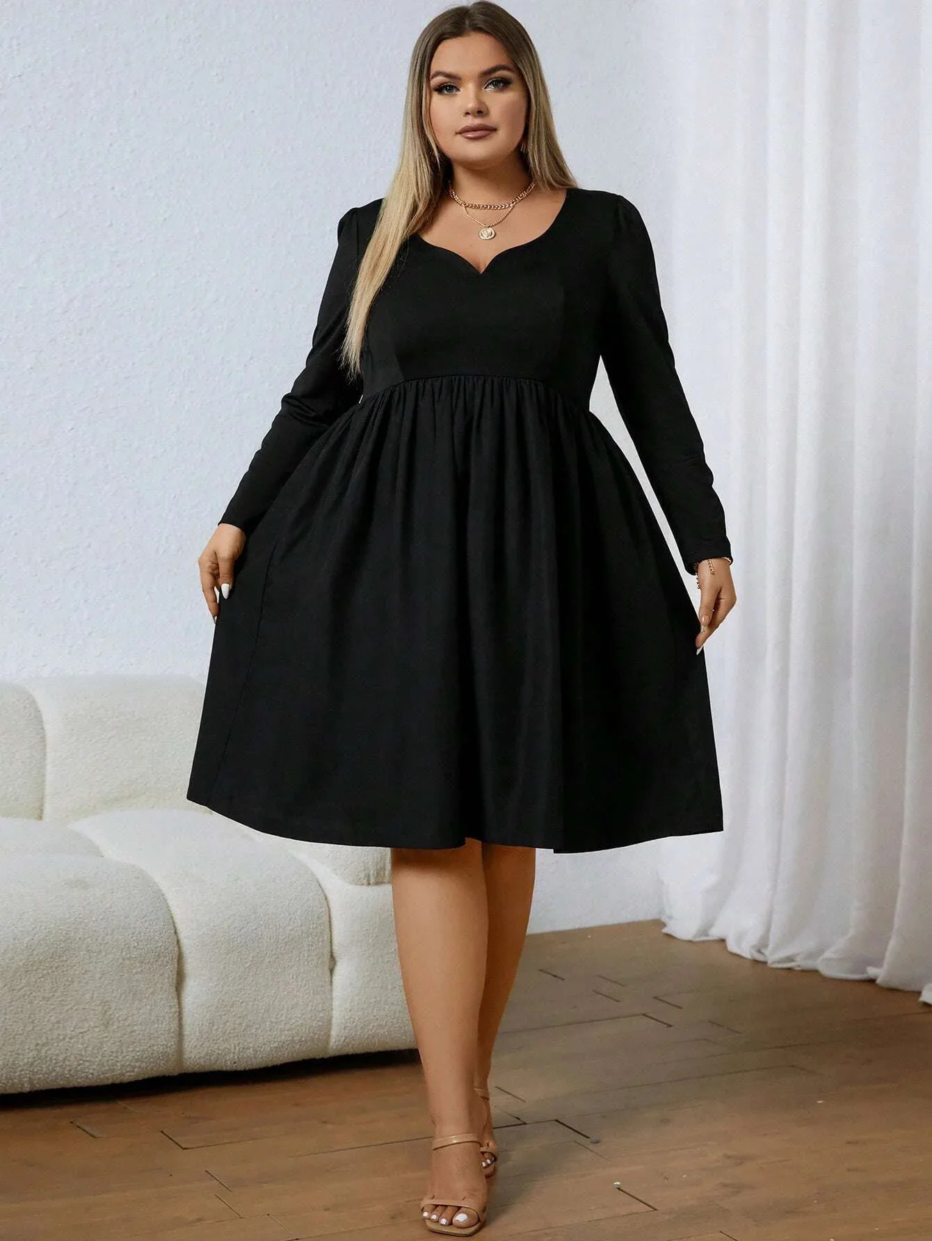 Womens Plus Size 1XL5XL V Neck Long Sleeved Casual Neckline Notched Solid Color Unprinted Fashion Dress 240702