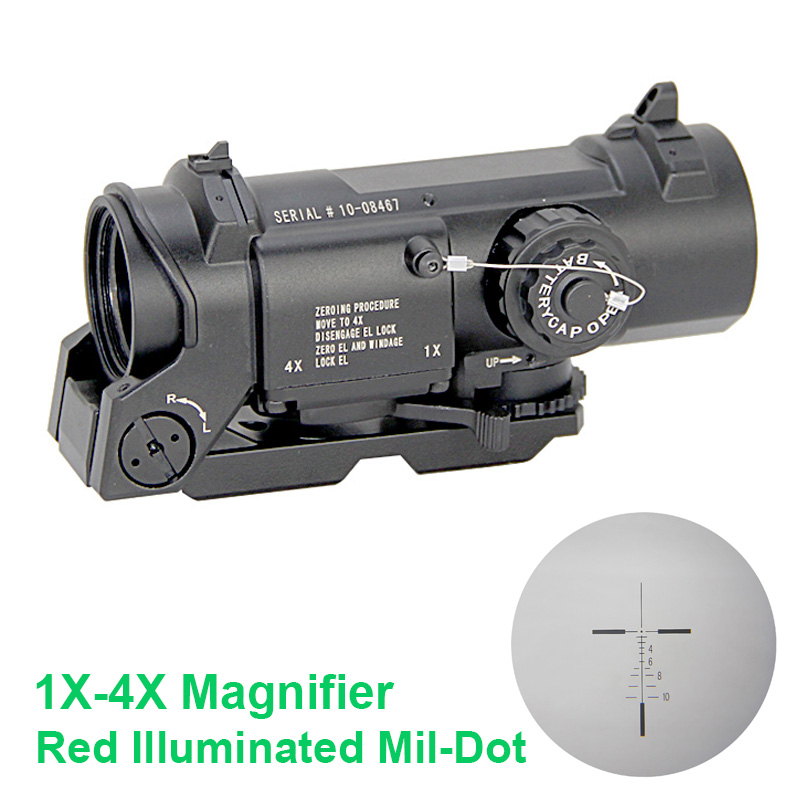 Tactical 1x-4x Magnification DR Dual Role Scope 4x Magnifier Optic Rifle Hunting Red Illuminated Mil-Dot Riflescope Fit 20mm Weaver Picatinny Rail