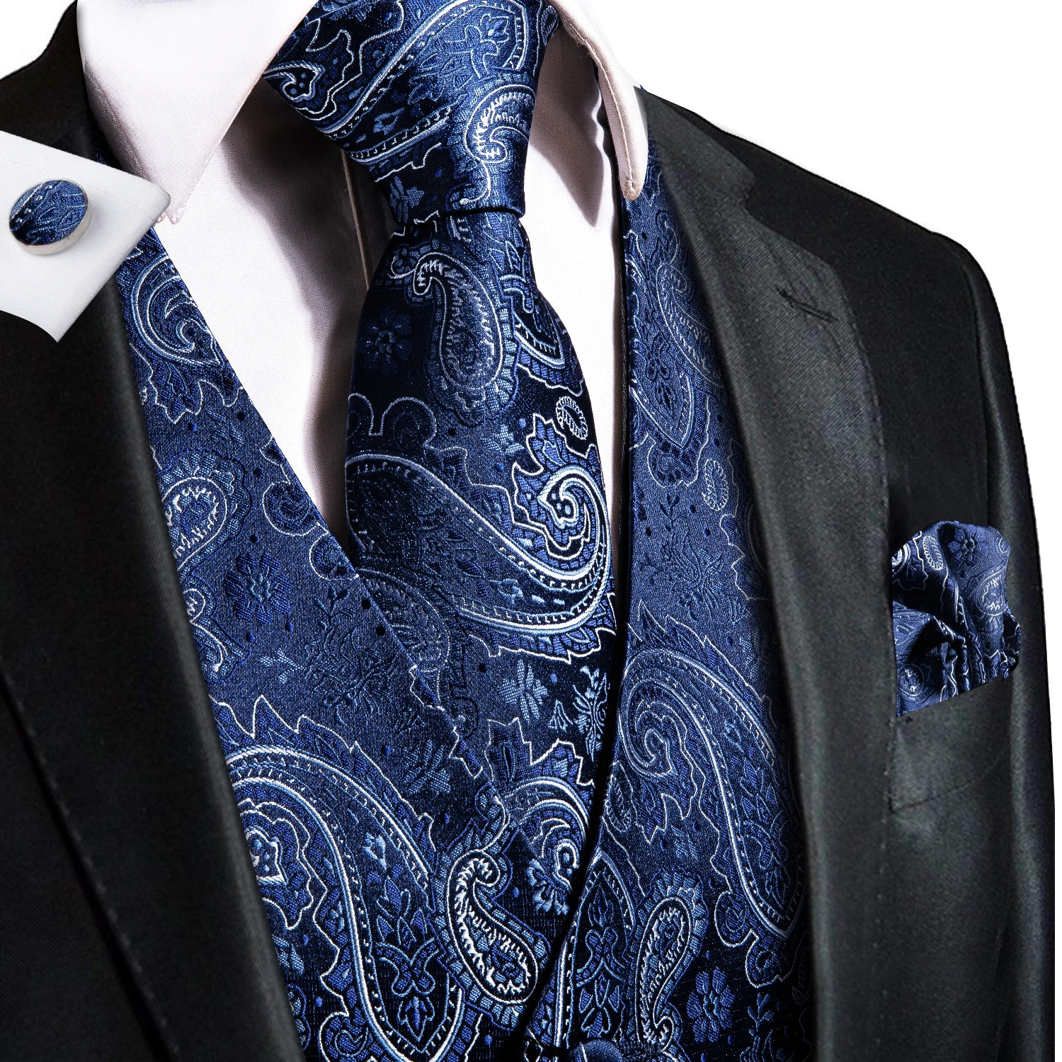 Hi-Tie Navy Blue Mens Vest Formal Silk Paisley Waistcoat Jacket Tie Handkerchief Cufflinks Set For Male Dress Suit Wedding Party 240615