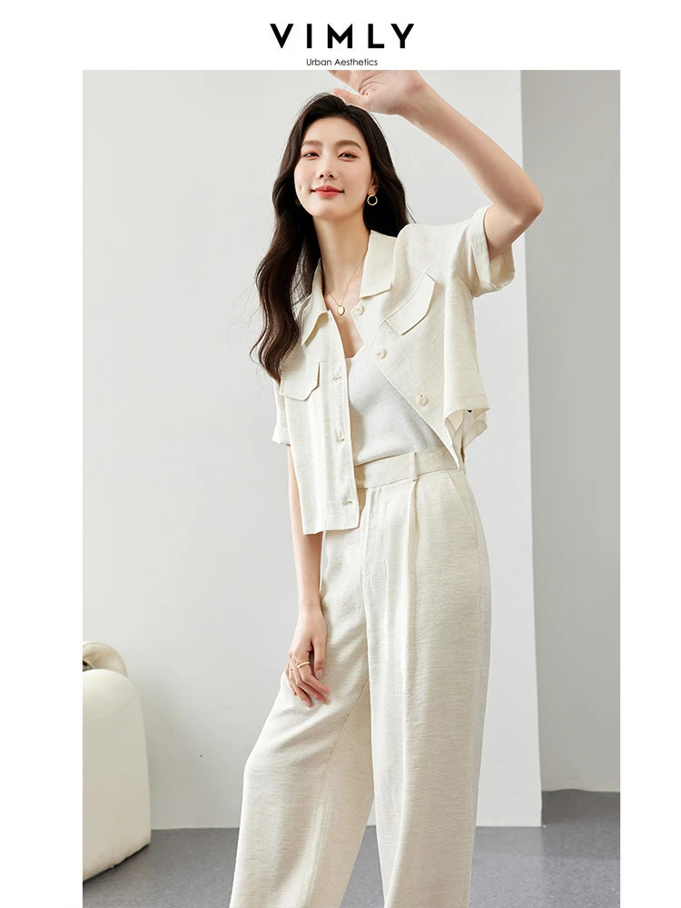 VIMLY Womens Solid Pants Set Summer Simple Turtleneck Cardigan TShirt TopStraight Slim Blazer Two Piece 240702
