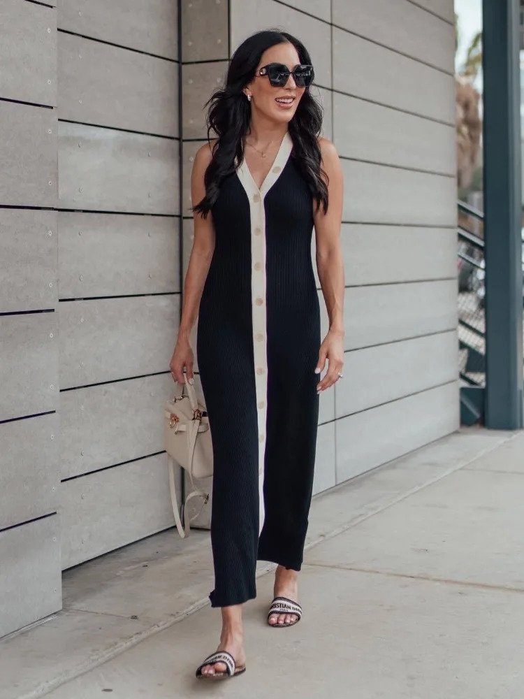 Elegant V-neck Knitted Maxi Dress for Women Sexy Sleeveless Single Breasted Slim Party Dresses Summer Lady Casual Dress 240703