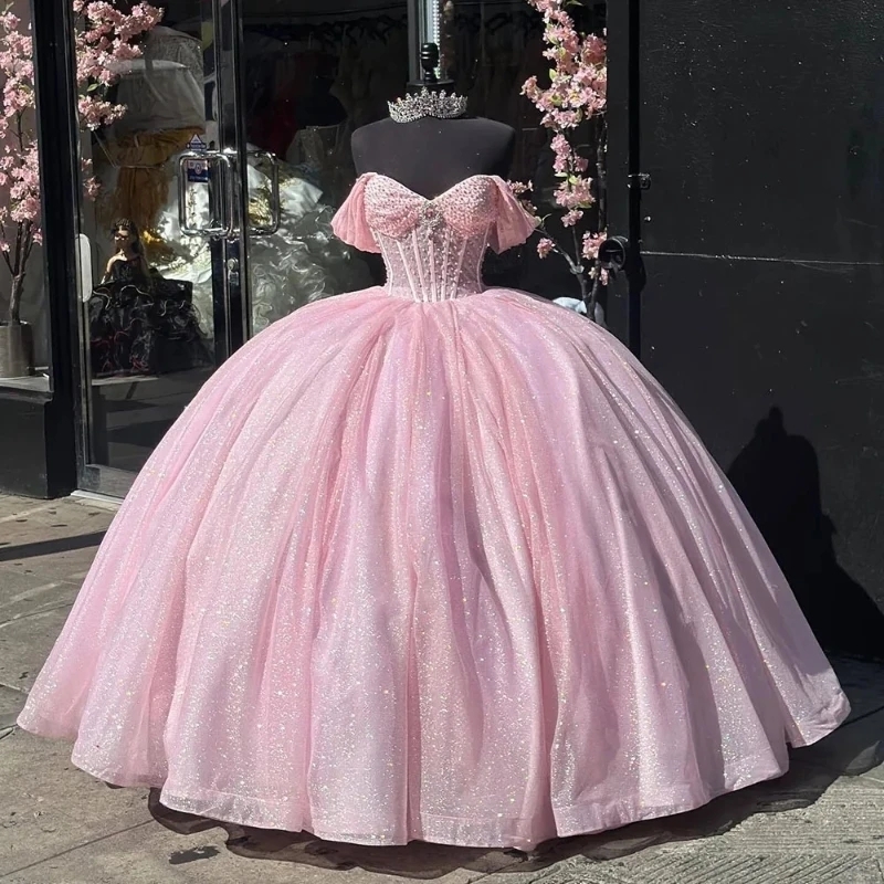 Crystal Glitter Pink Ruffles Ball Gown Quinceanera Dresses Off The Shoulder Beading Tull Pleat Corset Vestido De Anos