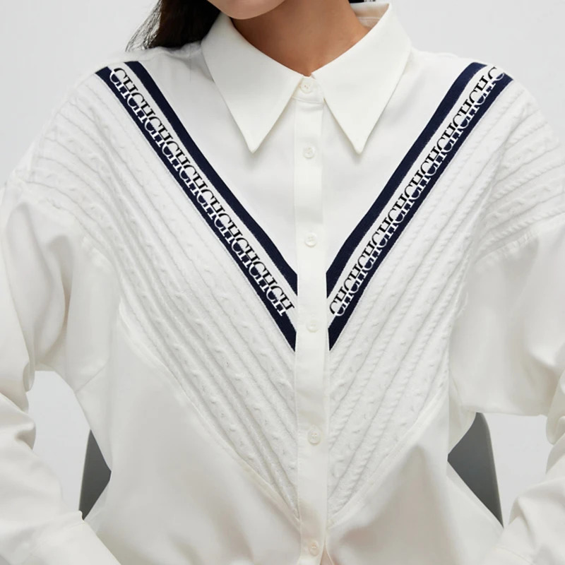Womens Shirt Casual Fashion Knitted Patchwork Striped Shirt Solid Color Street Style Single Breasted Office Ladies Shirt 240704