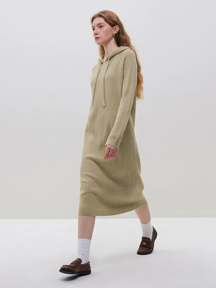 FSLE Retro Casual Hooded Woolen Dress Womens Autumn/Winter Knitted Dress Brown Green High Waist Women Dress 240703