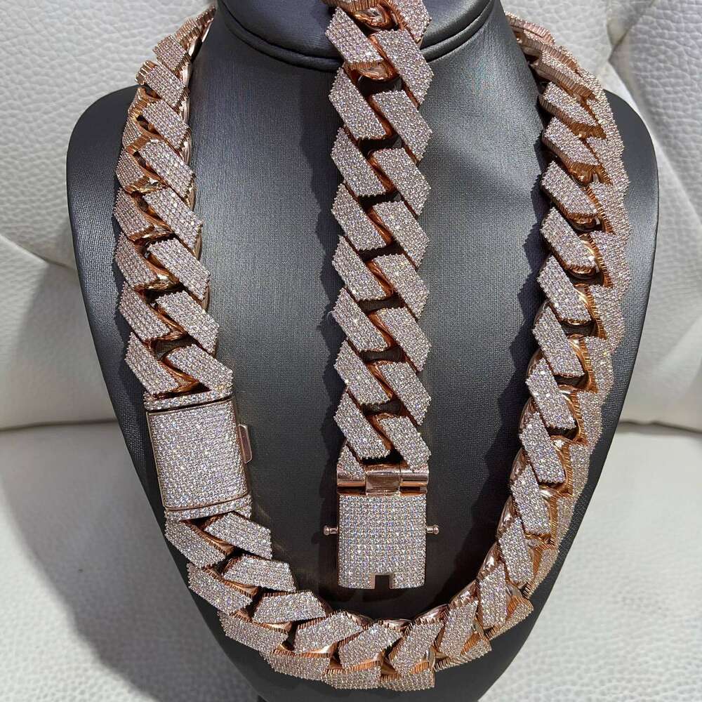 Fully Iced MOISSANITE 20mm Cuban Link Hip Hop Chain Rose Gold Plated Multi Size Available Featuring Diamond pass tester