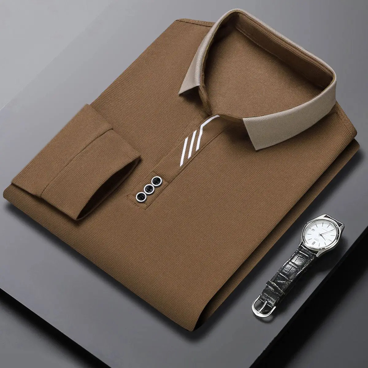 Spring and Autumn Simplicity Buttons Solid Color Turndown Collar Long Sleeve Polo Shirts Mens Clothing Smart Casual TShirt 240702