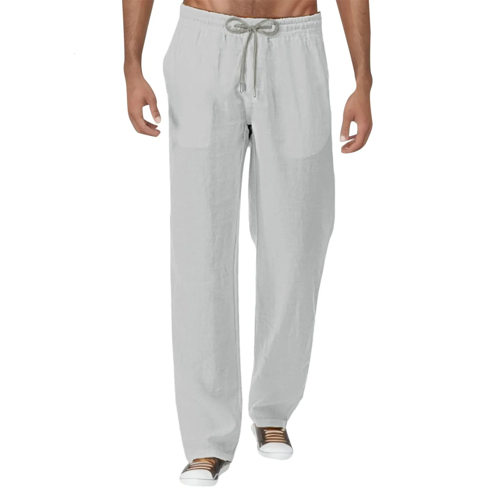 Summer Mens Casual Fashion Pants Natural Cotton Polyester Trousers White Elastic Waist Straight Pant 240703