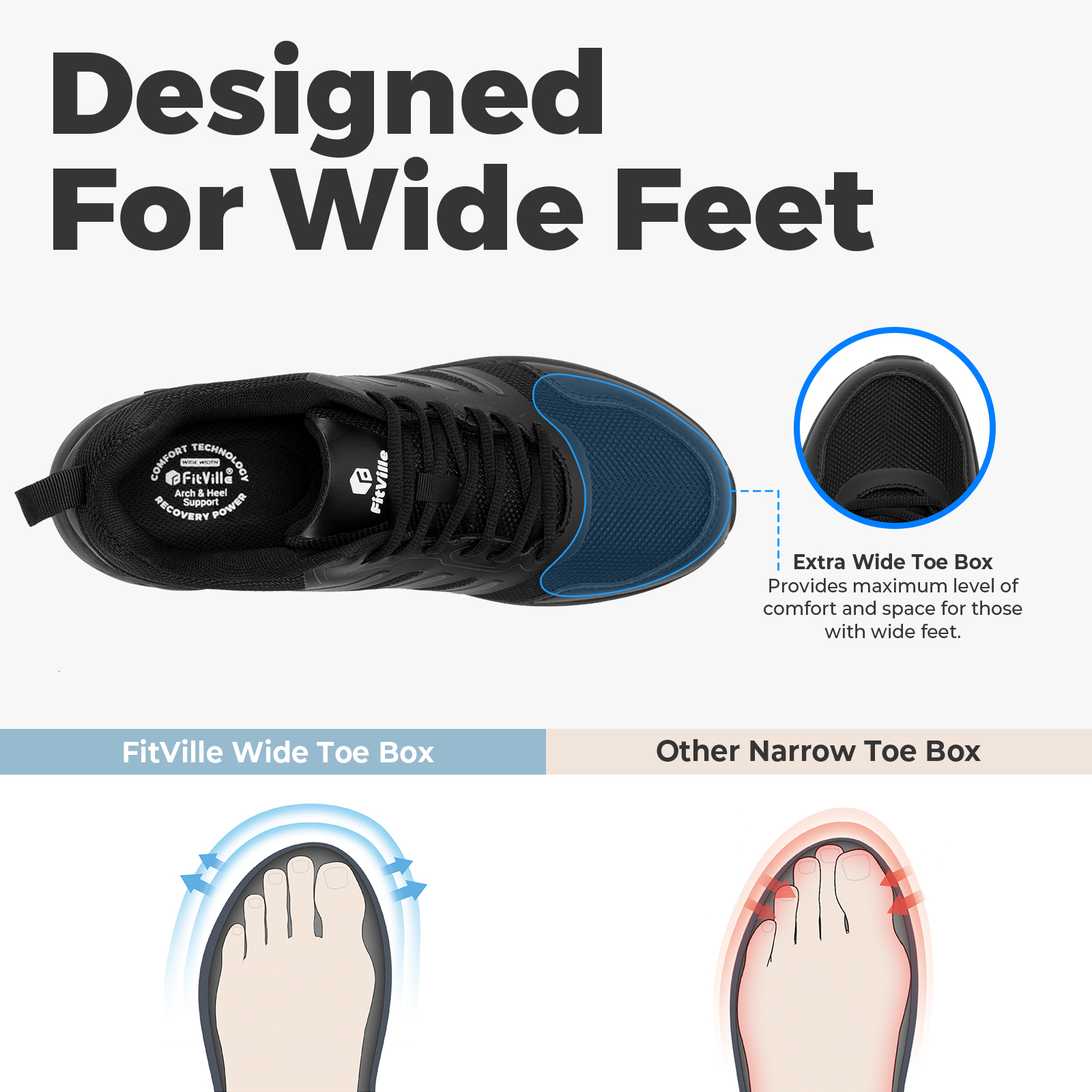 Fitville Trail Running Shoes Men's Extra Wide Sneakers Non-Slip Lightweight For Swollen Feet Arch Support Pain Relief
