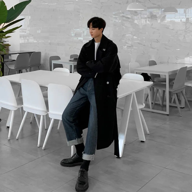IEFB Mens Wear Korean Trend Windbreaker Mid Long Loose Clothes Handsome Males Autumn Casual Trench Coat With Belt 4312 240701