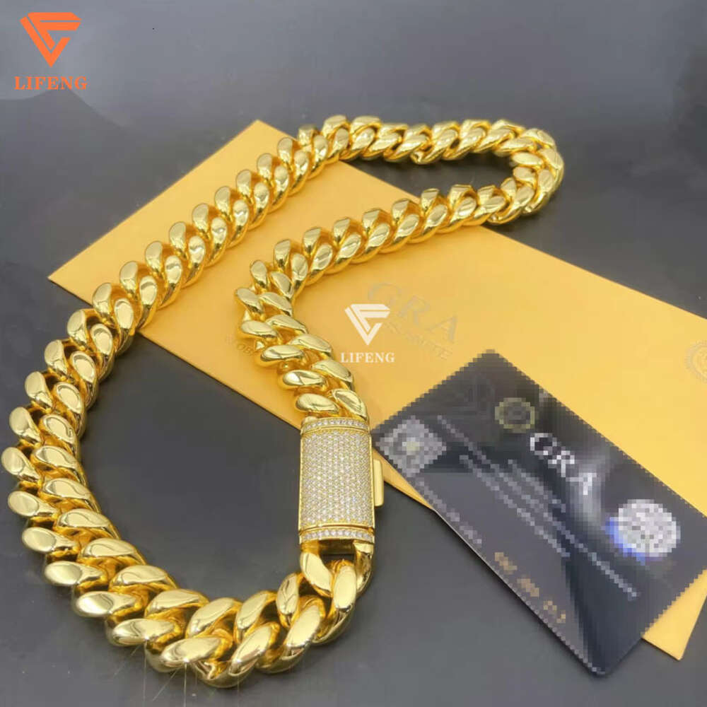 Lifeng Jewelry Hiphop 14mm 14k Gold Plain Cuban Link Chain Custom Moissanite Button Miami Necklace