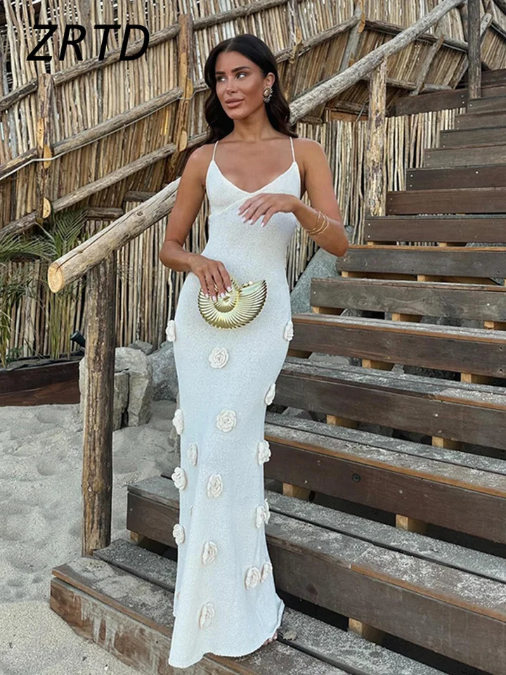 Elegant 3d Flower Knitted Dresses For Women V-neck Backless Sleeveless Lace Up Female Maxi Dress Summer Lady Beach Robe 240703