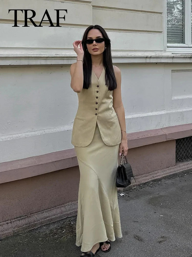 TRAF Women Fashion Summer Vest Skirt Sets Khaki VNeck Sleeveless Pockets WaistcoatsHigh Waist Asymmetrical Suits 240704