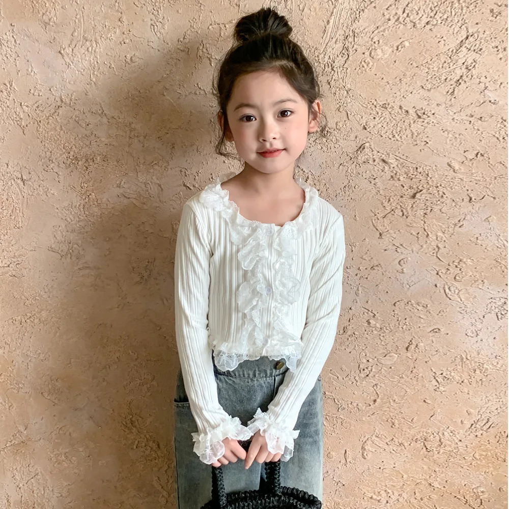 baby girls white T-shirt spring sweet lace shirt children long sleeve kids clothes cardigan ruffles Korean 2 to 12 years 240703
