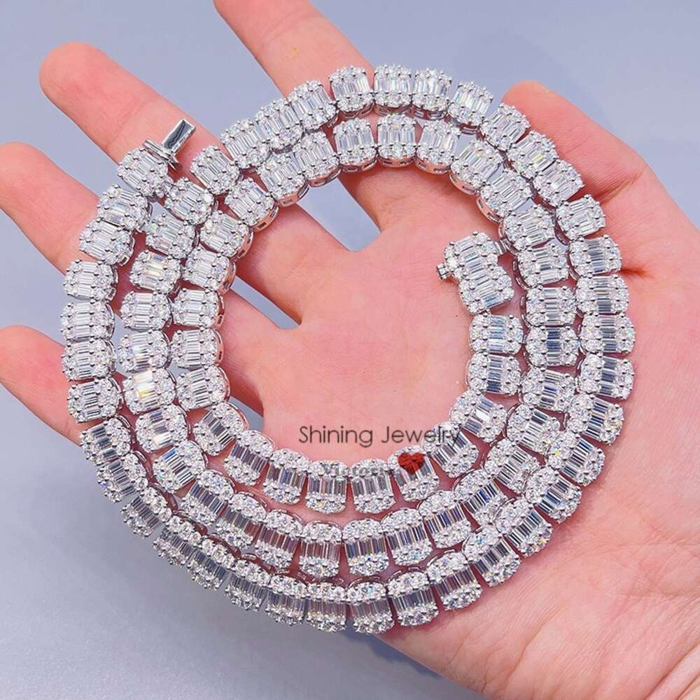Real 925 Sterling Silver 9mm Tennis Chain Baguette Diamond Necklace