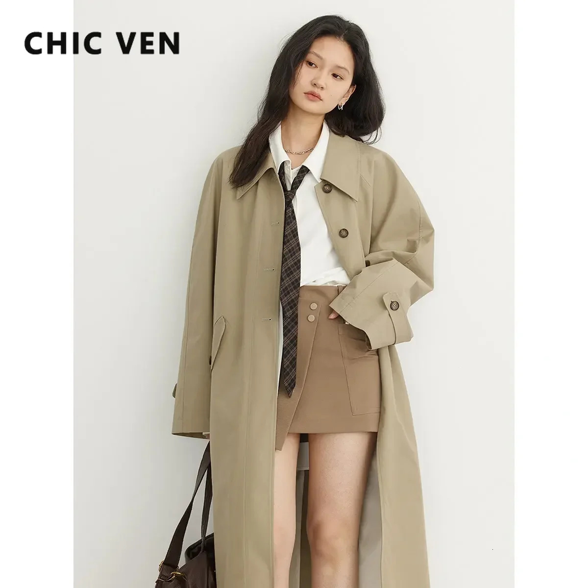 CHIC VEN Womens Long Trench Coat Casual Outerwear Loose Ladies Overcoat Single Breasted Female Windbreaker Spring Autumn 240703
