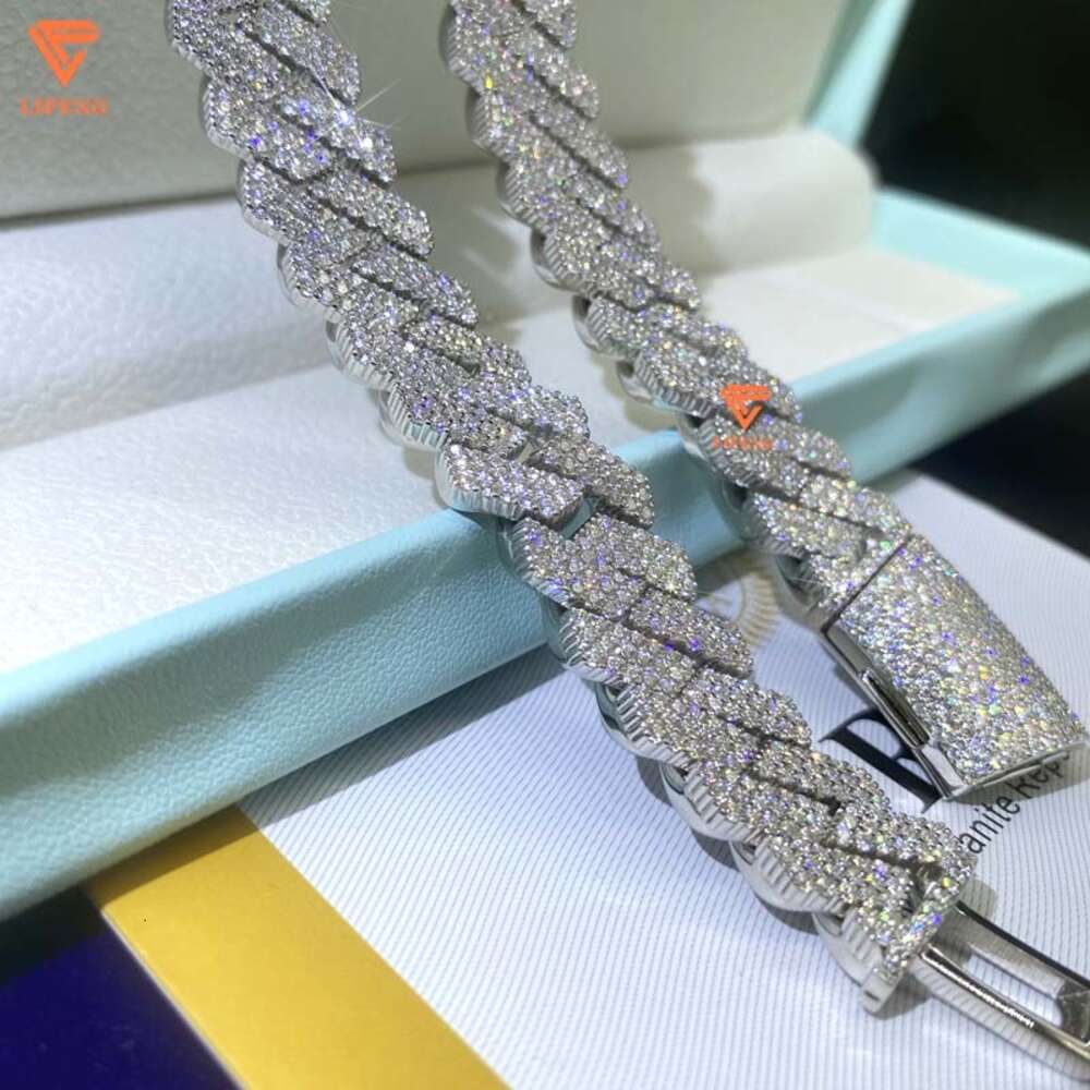 Ice Out 15mm 3row Vvs Moissanite Necklace Cuban Link Chain Handset Diamond Solid Sterling Silver Hiphop Men Cuban Chain Bracelet