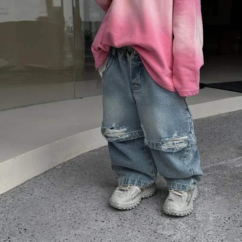 Autumn Kids pants vintage children patchwork ripped jeans Boys loose casual denim pants 240703